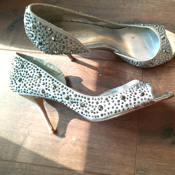 Silver Satin Sparkly Jewelled Heels - Picture 1 of 6